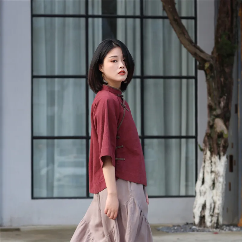 

Original Handmade Cotton Linen irt Button Design Stand Collar Loose Fit Seven Sve Spring New Sle Women's Top