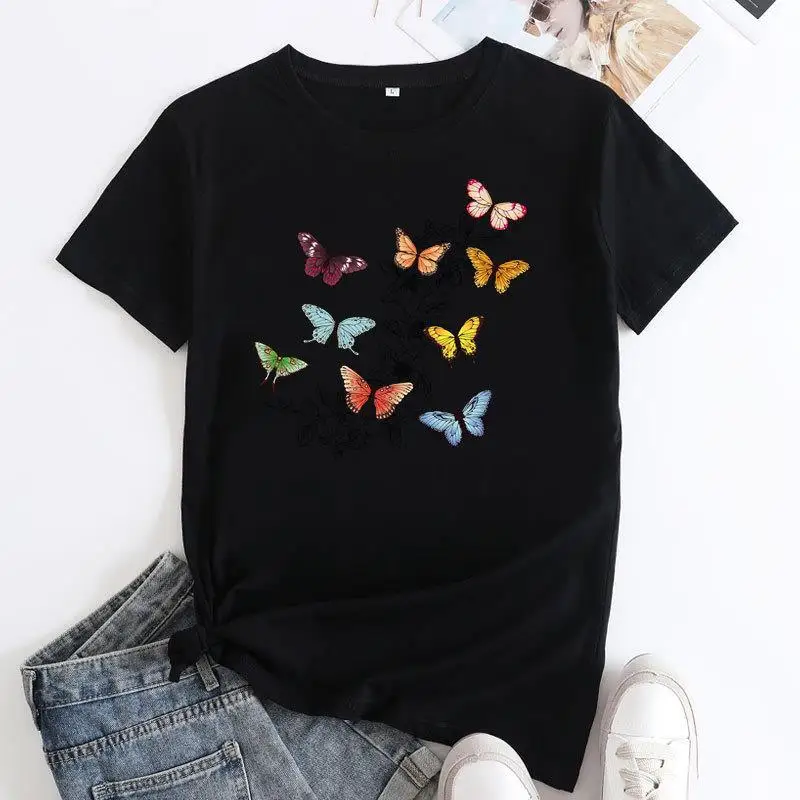 2026 New Summer Women Europe and The United States Butterfly Print Love Short-sleeved T-shirt Blouse Harajuku  Graphic T Shirts