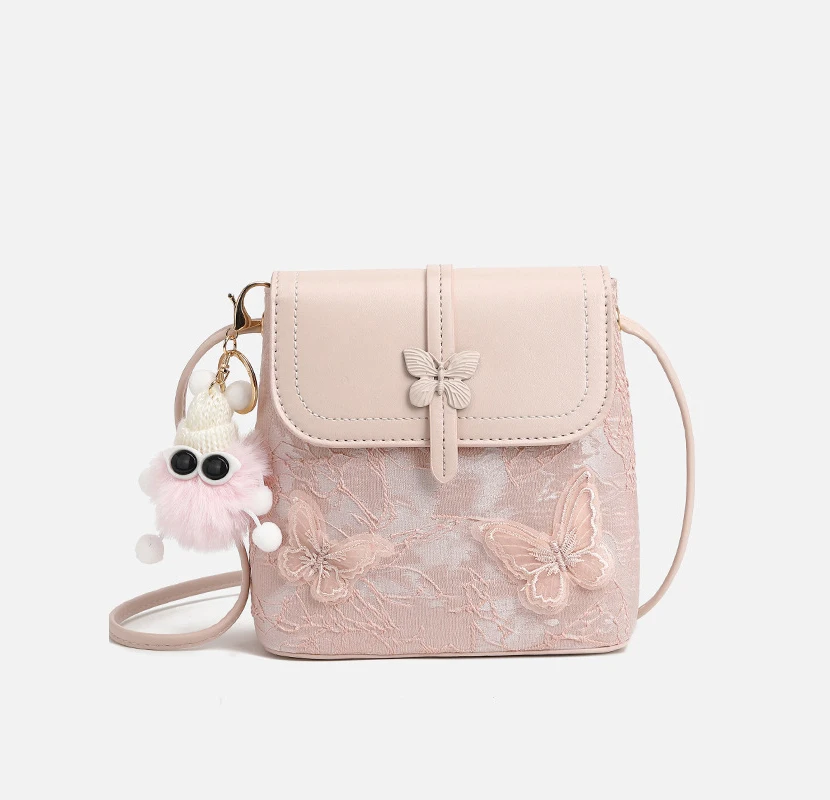 

Pink PU Mini Bag Lace Butterfly Texture Crossbody Bag Fashionable Exquisite Women's Small Square Bag Versatile Shoulder Bag