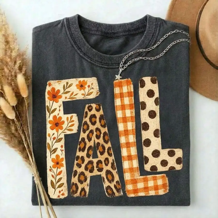 Women's Retro Graphic Tee Fall Letter Floral Leopard Plaid Polka Dot Print Short Sleeve Casual Top For Fall Beach Vacation Outfits Gift For Her