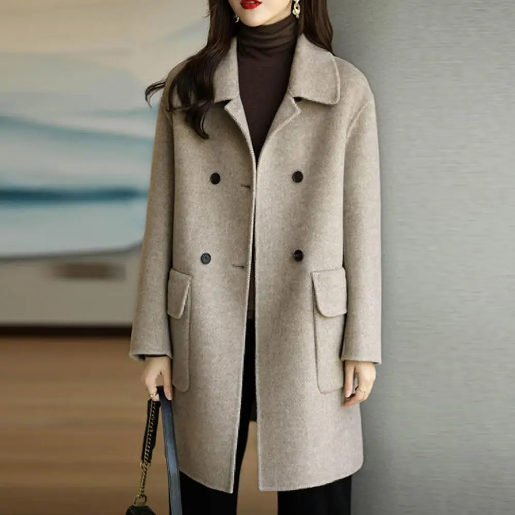 Women Woolen Coat Women Windproof Coat Stylish Women\'s Mid-length Woolen Coat Lapel Double Breasted Flap for Autumn/winter