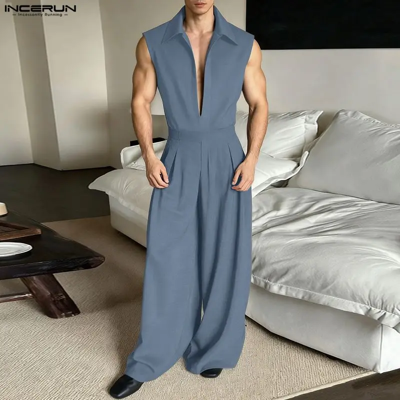 INCERUN Men Sets Solid Color Lapel Sleeveless Vests & Wide Leg Pants Two Pieces Sets Streetwear Loose Fashion Men's Casual Suits
