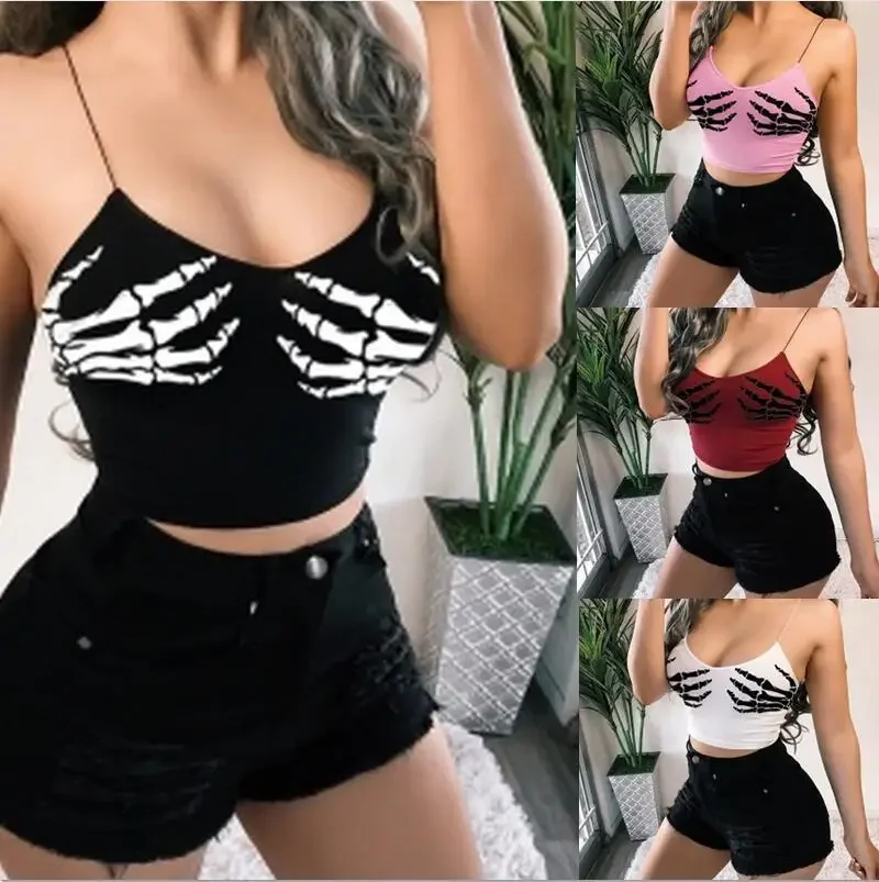 المرأة القوطية هيكل عظمي طباعة اليد قمم المحاصيل Bodycon ، مثير الخامس الرقبة ، دنة حزام السباغيتي ، Y2K بلا أكمام بروتيل ، المتناثرة Clubwear