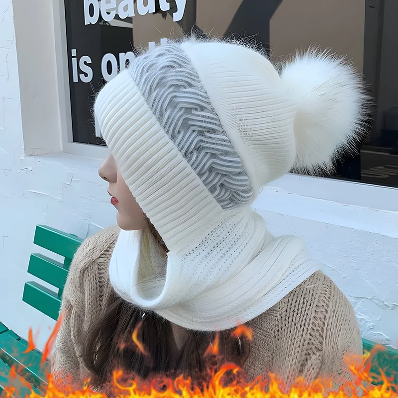 

Winter Warm Knitted Hat Scarf All In One for Women Soft Rabbit Hair Ear Protection Thick Neck Cap for Cycling and Cold Weather
