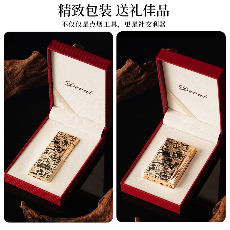 DERUI New Grinding Wheel Open Flame Gas Lighter, Exquisite Tang Grass Pattern, Retro and Fashionable Cigarette Lighter Gift