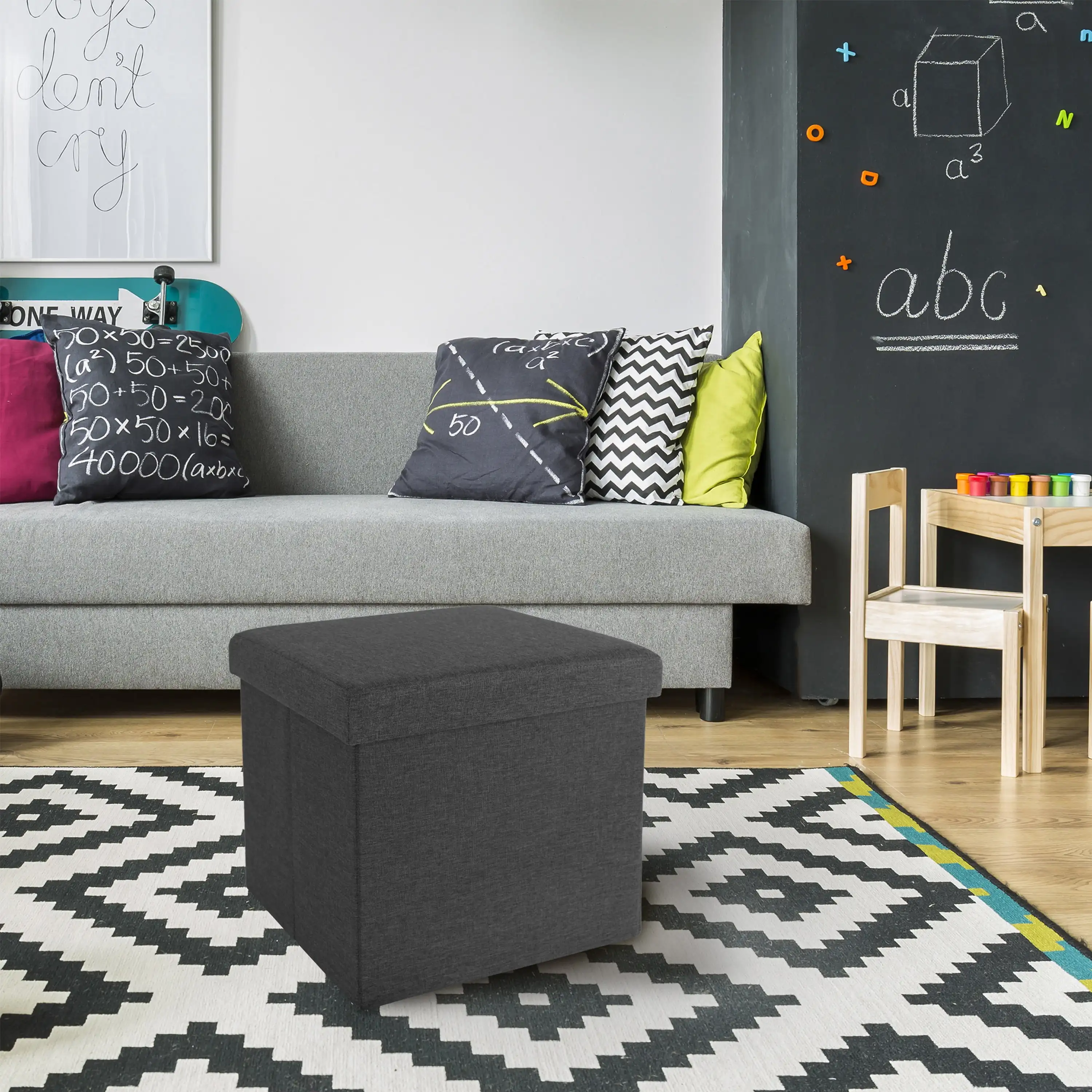 Chaise Repose-pieds de Poitrine de Rangement Caché, Siège Rembourré, Gris Moderne, Cube de 15.7 Pouces