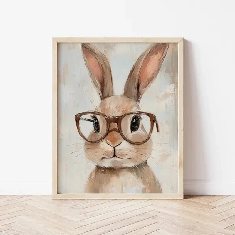 メガネをかけたかわいいイースターバニーのプリント、イースタープリント、イースターアートワーク、春の装飾、イースターアート、フレームレスキャンバスポスターウォールアート