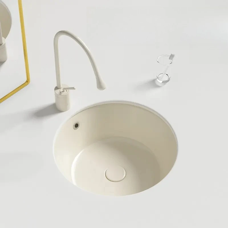 Cream Undermount Bar Sink - Round Ceramic Vanity Basin for Bathroom & Kitchen Countertop, Integrated Farmhouse Style Washbowl