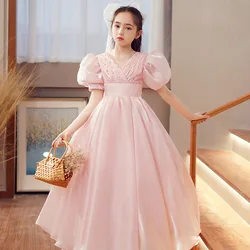 Flower Girl Pink Dress Kids Bridemaid Wedding Long Dresses For Children Puff Sleeves Ball Gowns Girls Formal Elegant Frocks