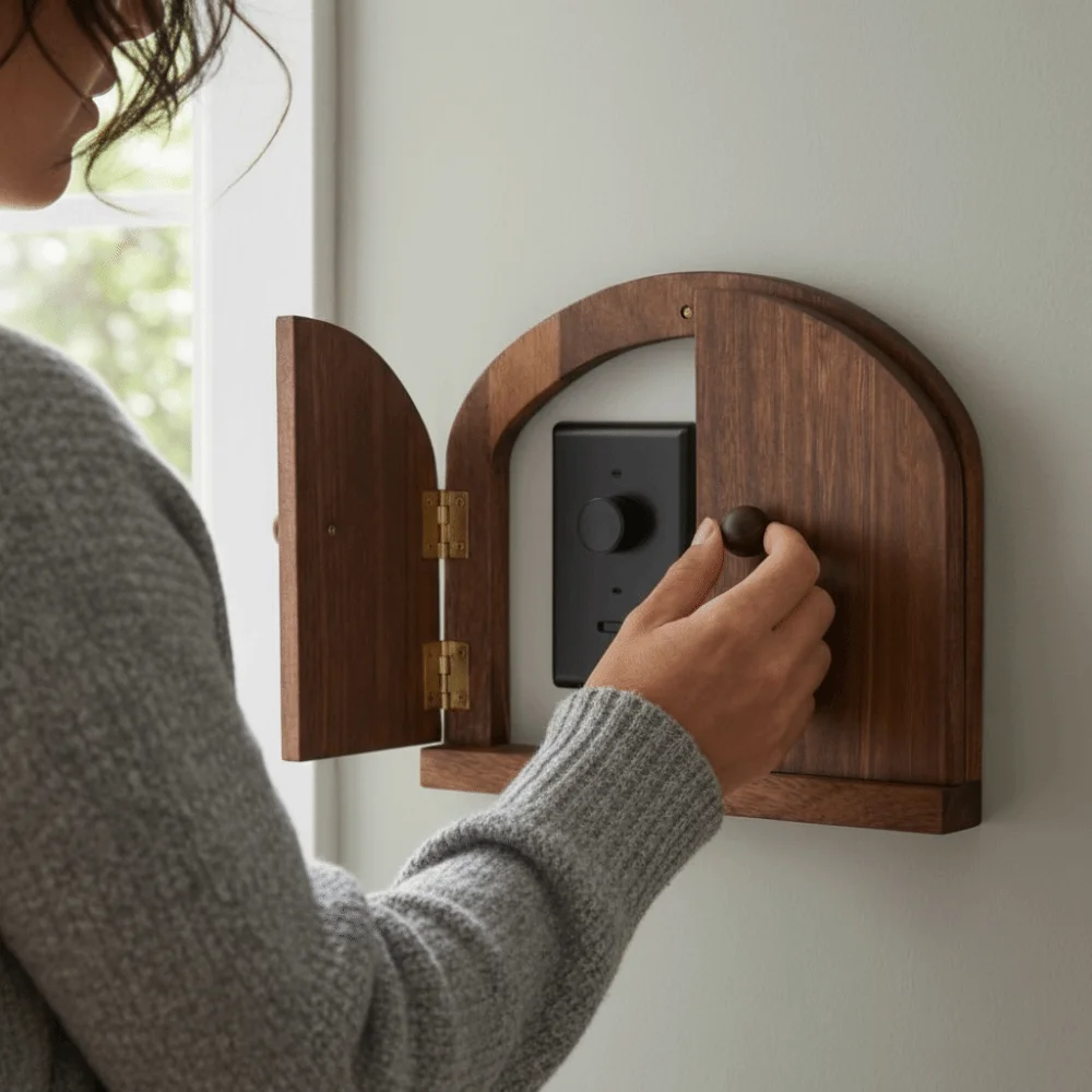 Double Door Design Solid Wood Switch Cover Self adhesive Rustic Style Outlet Cover Door Shape Switch Protector Home Decor