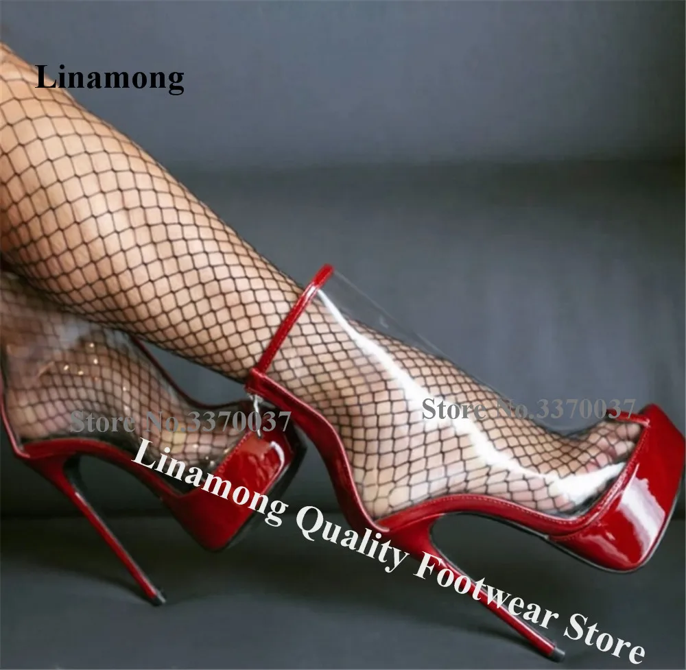 Linamong Clear PVC Patchwork Red White Gold Stiletto Heel Short Boots Peep Toe Transparent High Platform Thin Heel Ankle Boots