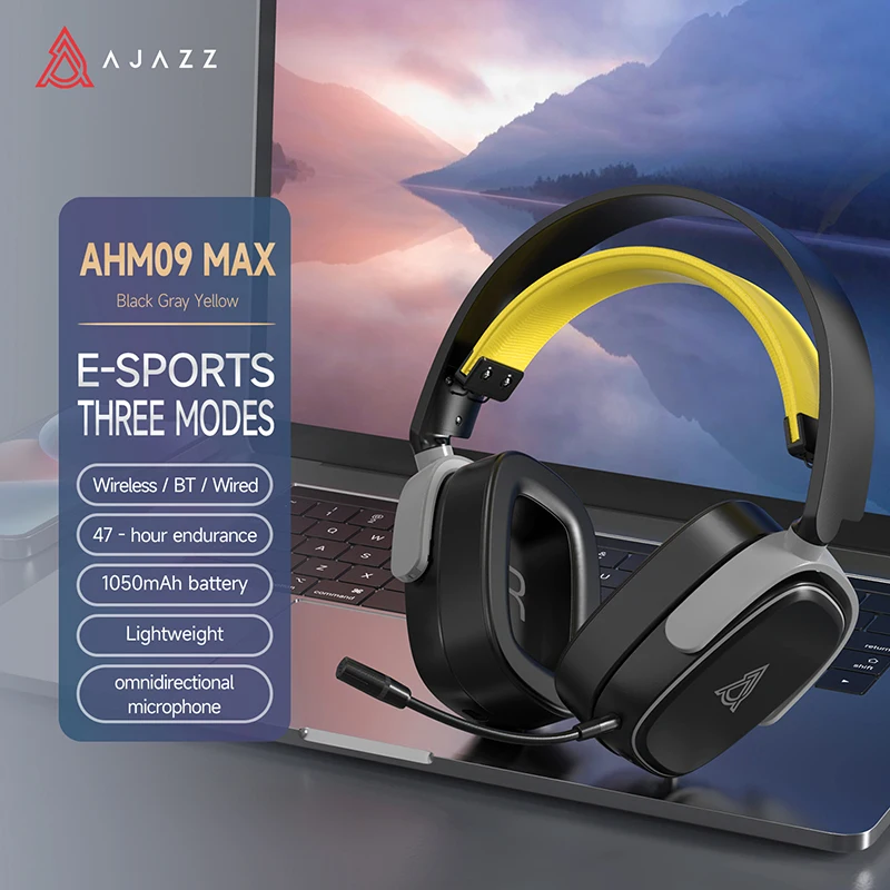 AJAZZ AHM10 MAX Tri-Mode draadloze gamingheadset, 7.1 surround sound, 143 uur lange batterijduur, RGB-verlichting, comfortabele oorkussens voor pc