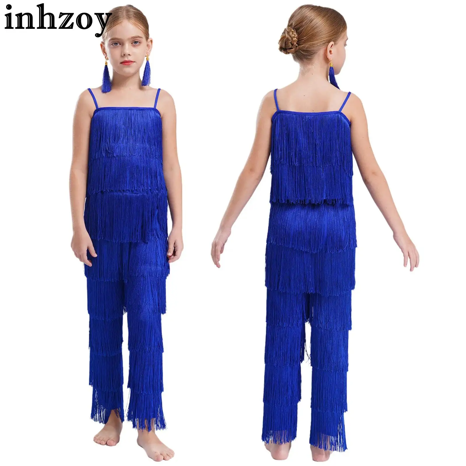 Traje de baile latino con borlas para niñas, disfraz de actuación de Salsa y Tango Cha-Cha, camisola, Top corto con pantalones, Clips para las orejas con flecos