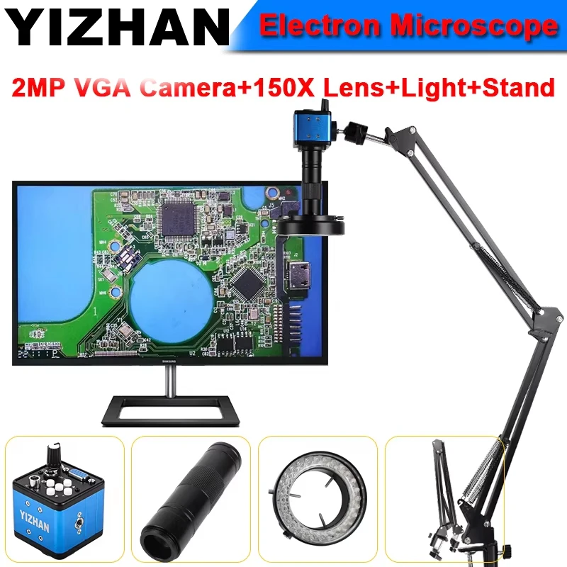 

2MP VGA Camera Electronic Video Microscope Set 150X/130X Zoom C-mount Lens 30FPS With Ring Light Metal Stand For PCB Repair