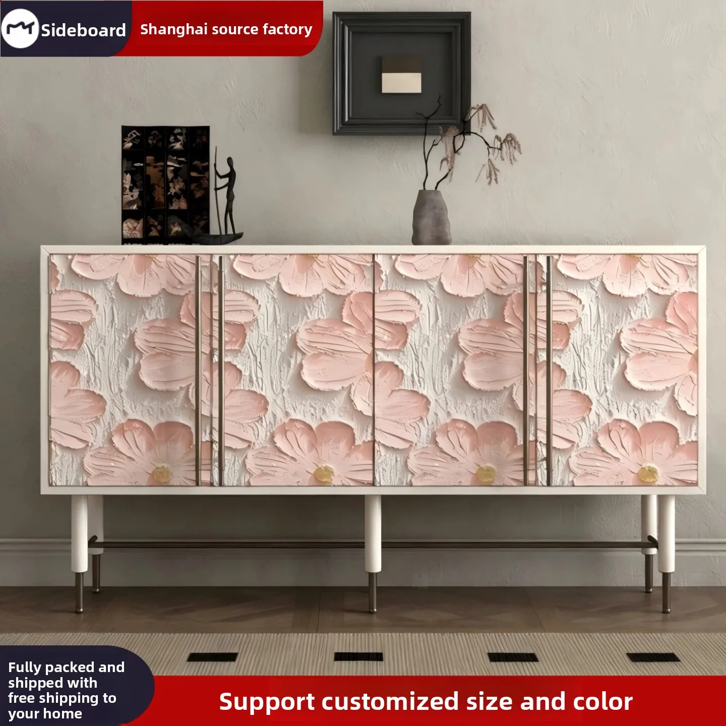 French-style Cream pink Embossed Solid Wood Sideboard Modern Minimalist Farmhouse Entryway Cabinet Eco-Friendly Multifunctional