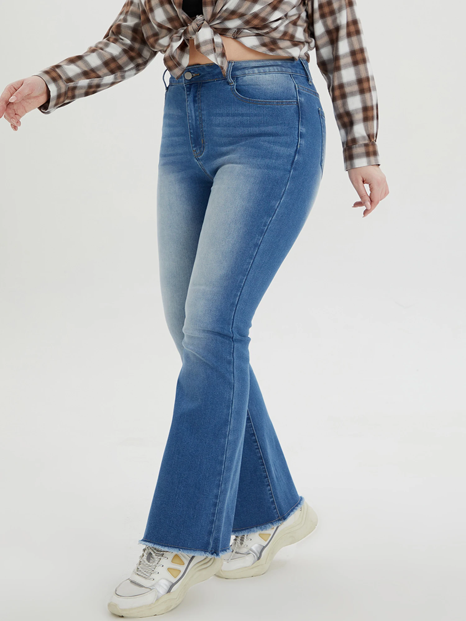 Plus Size Flared Curvy Women Jeans Stretchy Full Length Ladies Women High Waist Boot Cut Women Jeans 175 Cms Tall Denim Pants