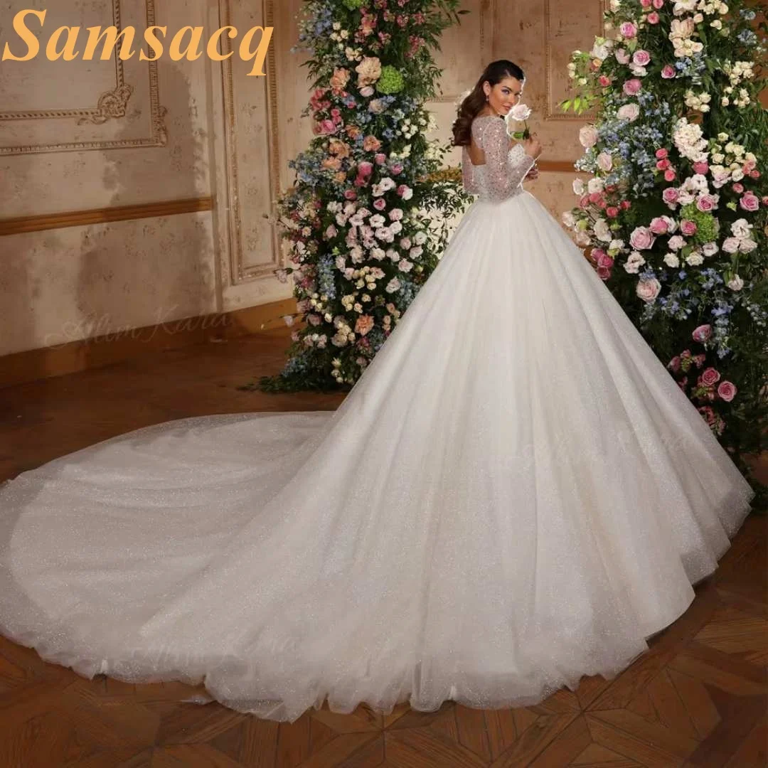 Custom Glitter Ball Gown Wedding Dress Long Sleeve Beaded Removable Jacket Sweetheart Sparkly Tulle Bridal Gown Plus Size