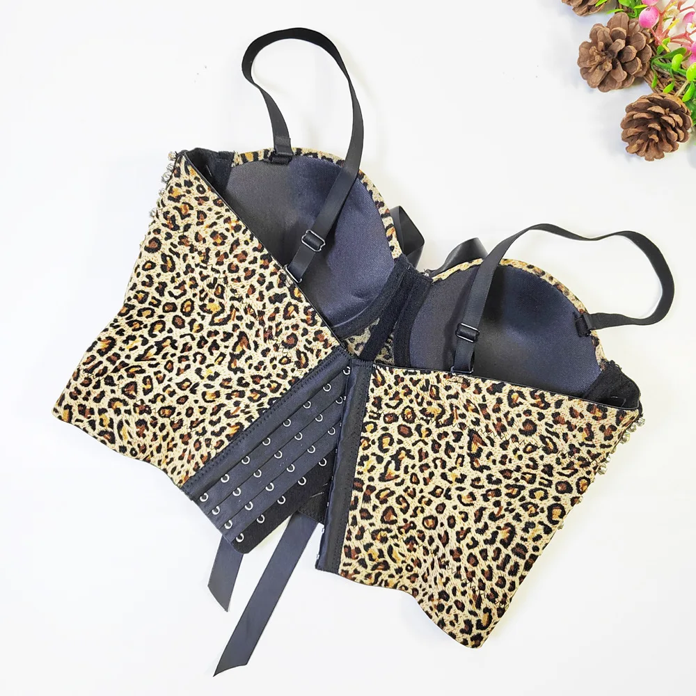 customized women's adult leopard print strapless breathable mesh slim fit fishbone camisole vest thin bow corset on top lingerie