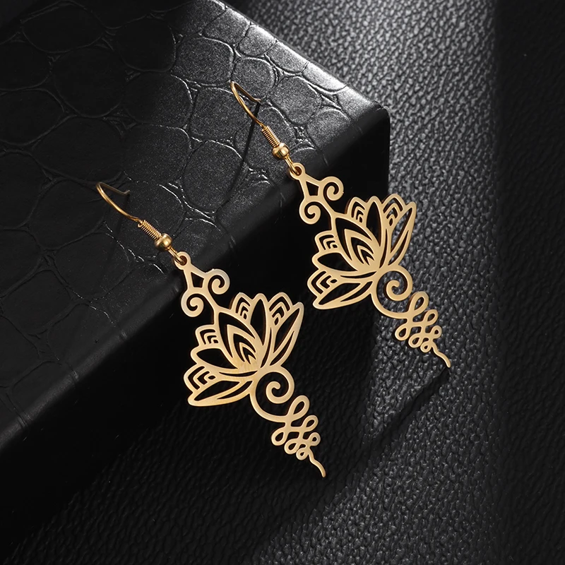 Stainless Steel Fashion Trend Hollow Lotus Buddhist Pattern Religious Jewelry Light Luxury Earrings Holiday Gift for Women