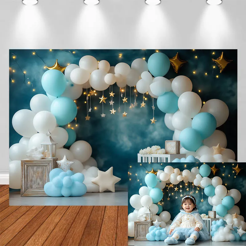 

LS Photography Background Starry Sky Clouds White Blue Balloons Decor Birthday Cake Smash Kids Portrait Photo Backdrop Studio