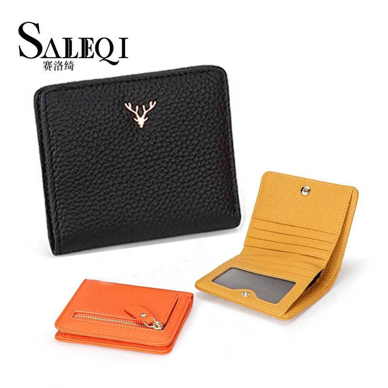 

Women's Small Purses Short Thin Wallet Cowhide Chic Christmas Deer Button Ladies Genuine Leather Card Holder Wallet Coin Purse