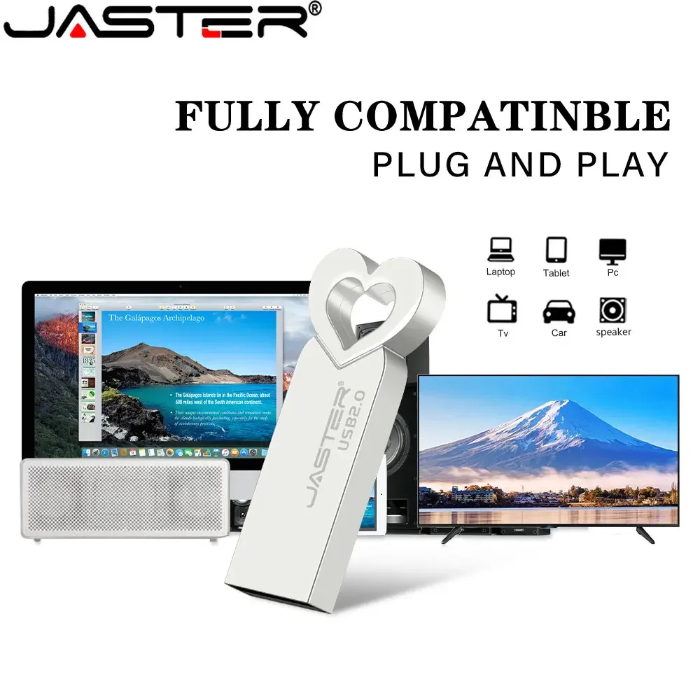 JASTER Free Custom Logo USB Flash Drives 128GB Heart Metal Memory Stick 64GB Free Key Chain Pen Drive 32GB Creative Wedding Gift