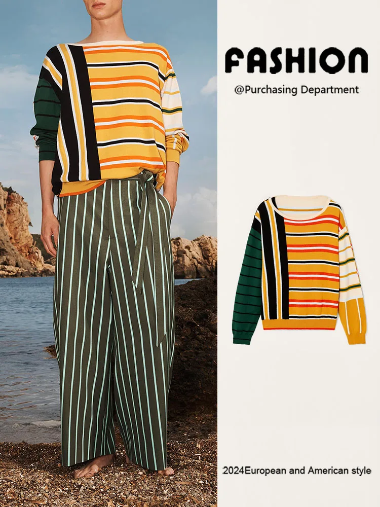 

New Summer 2025 Men's round Ne Long Sve Striped Knitwear Pullover Loose Fit Commute Sle Regular Sve Length