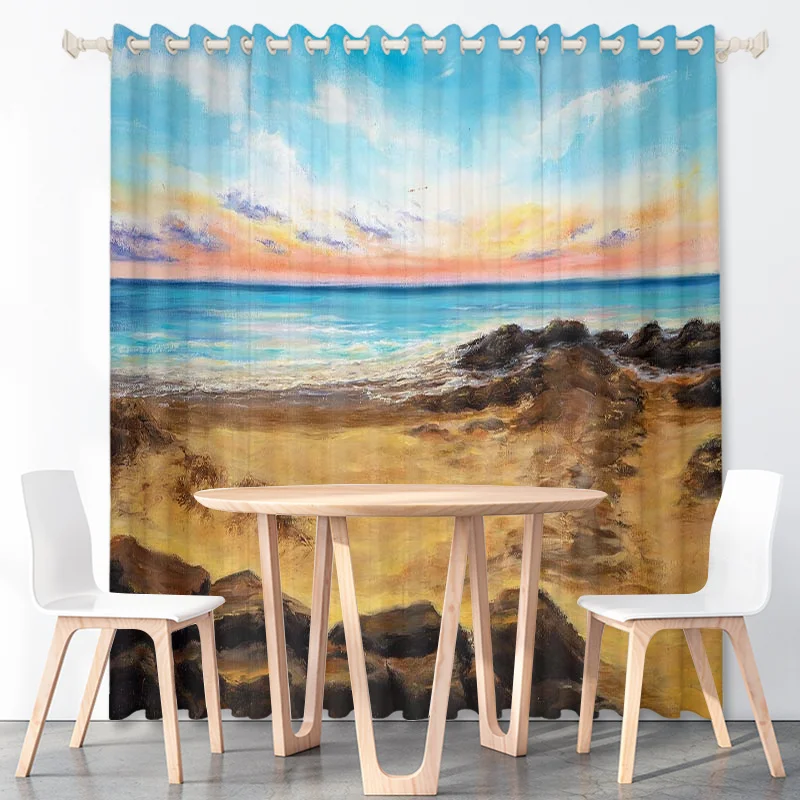 European Style Vintage Ocean Island HD Curtains Colors Sunset Custom Thin Polyester Fabric Bedrooms Office Decoration with Hooks