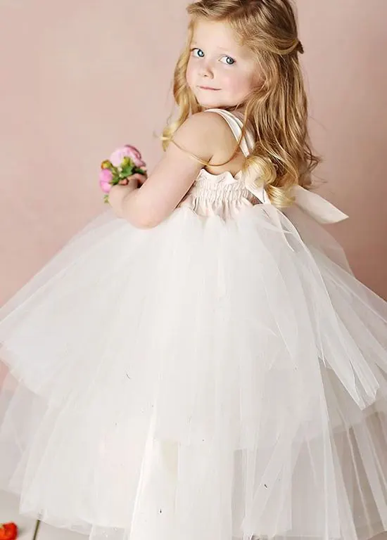 Maßgeschneidertes weißes Ballkleid für Blumenmädchen, Kindergeburtstag, ärmellos, herzförmig, knöchellang, für Hochzeit, Besch-Abschlussballkleider