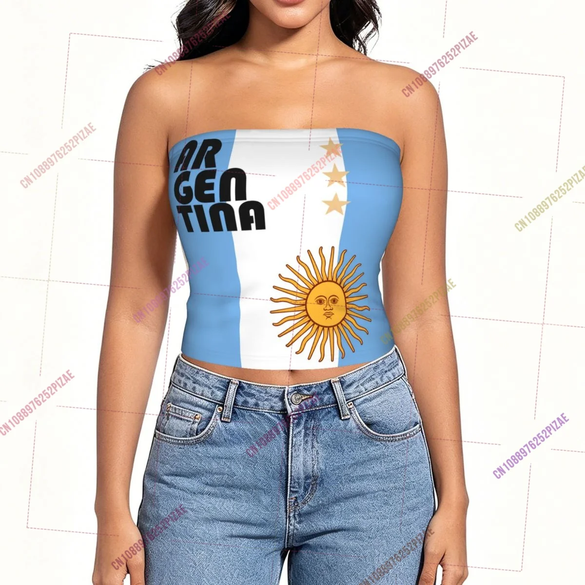 2026 Argentina Flag Shoulder Strapless Tube Top Sleeveless Slim Fit Cropped Tank Tops Casual Summer Basic Streetwear Y2k