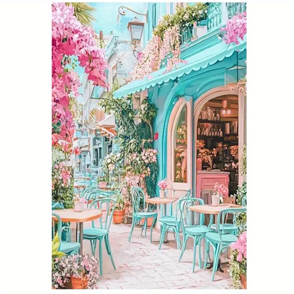 1pc European Floral Cafe Wall - Turquoise Doors & Pink Flowers Canvas Painting,  Suitable for Living Room, Kitchen, Office De