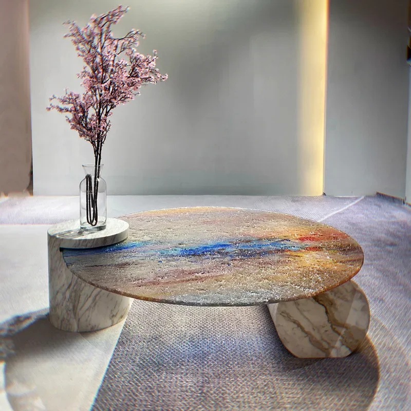 Water ripple coffee table, glass marble, Italian simple living room, crystal round sunset pattern coffee table