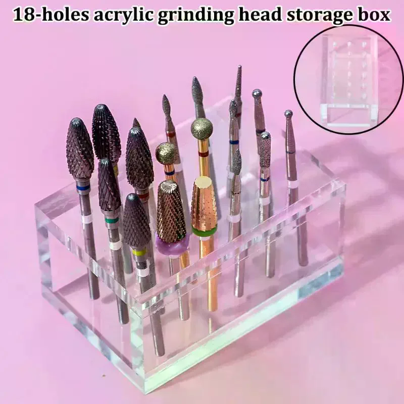 18 Hole Wood/Acrylic Nail Drill Bits Holder Polishing Head Storage Board Nail Grind Head Organizer Empty Container Manicure Too