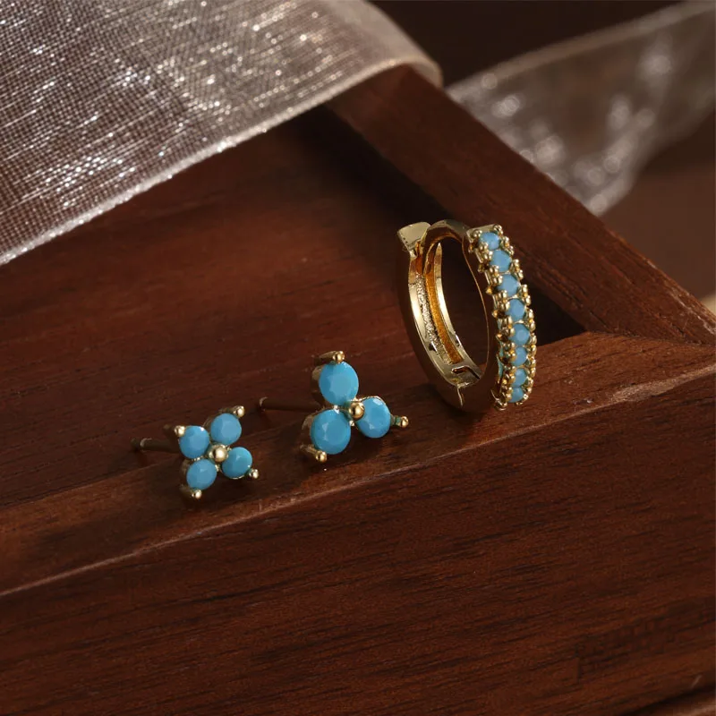 Uilz 3Pairs Stylish Blue Turquoise Stud Earrings for Women Sweet Flower Cartilage Hoop Earring Piercing Jewelry Gift
