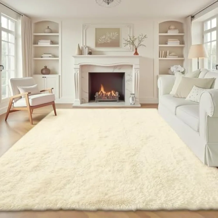

8x10 Area Rugs for Living Room Bedroom Nursery Playroom: Cream White Fluffy Shag Soft Washable Fuzzy Plush Indoor Carpet