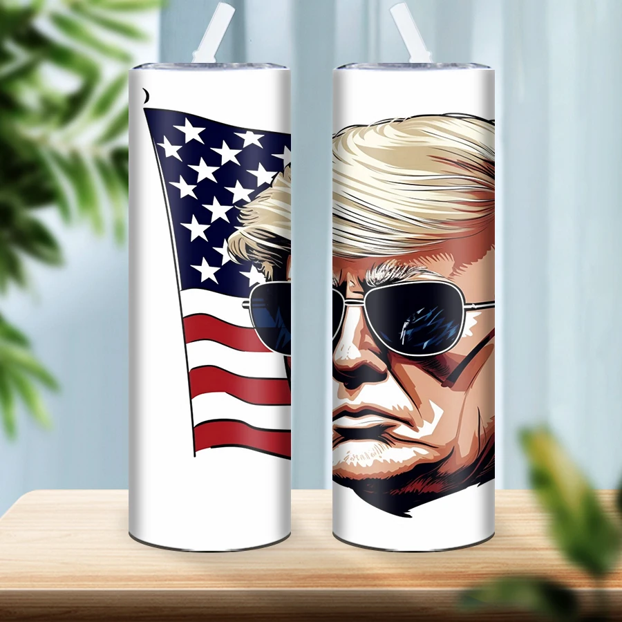 20oz Stainless Steel Straight Water Bottle With Straw Lid 3D Print Trump Flags Seamless Inflated Outdoor Straight Travel Tumbler