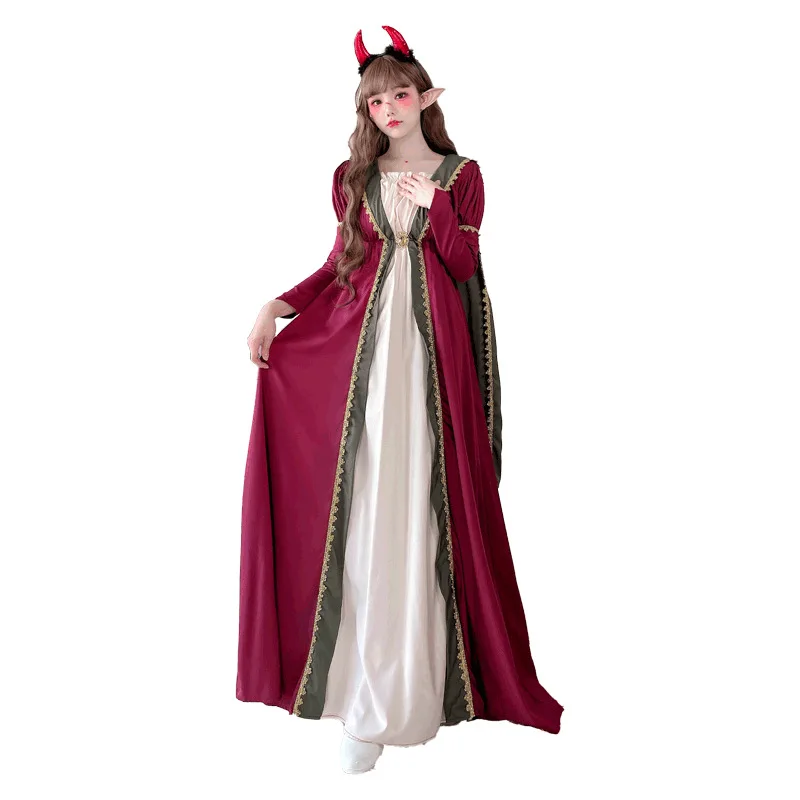 أزياء الهالوين للملكة والنوادي الليلية على الطراز القوطي الساحرة رداء كيب الساحرة طويل Sve Dr Stage ملابس نسائية تقليدية عرقية