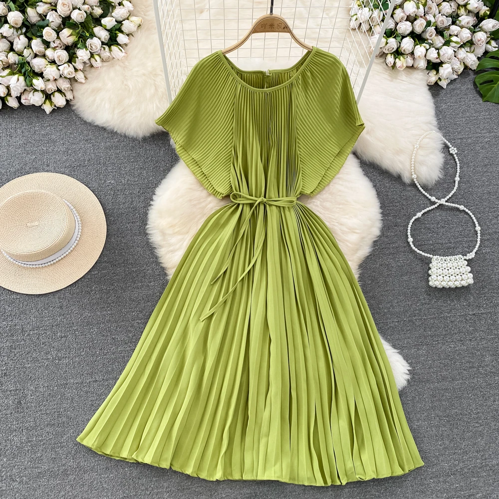 

2023 Summer Vinatge Tie Bow Pleated Dress Women A Line Large Hem Fashion Party Dress Ladies Batwing Short Sleeve Long Vestidos