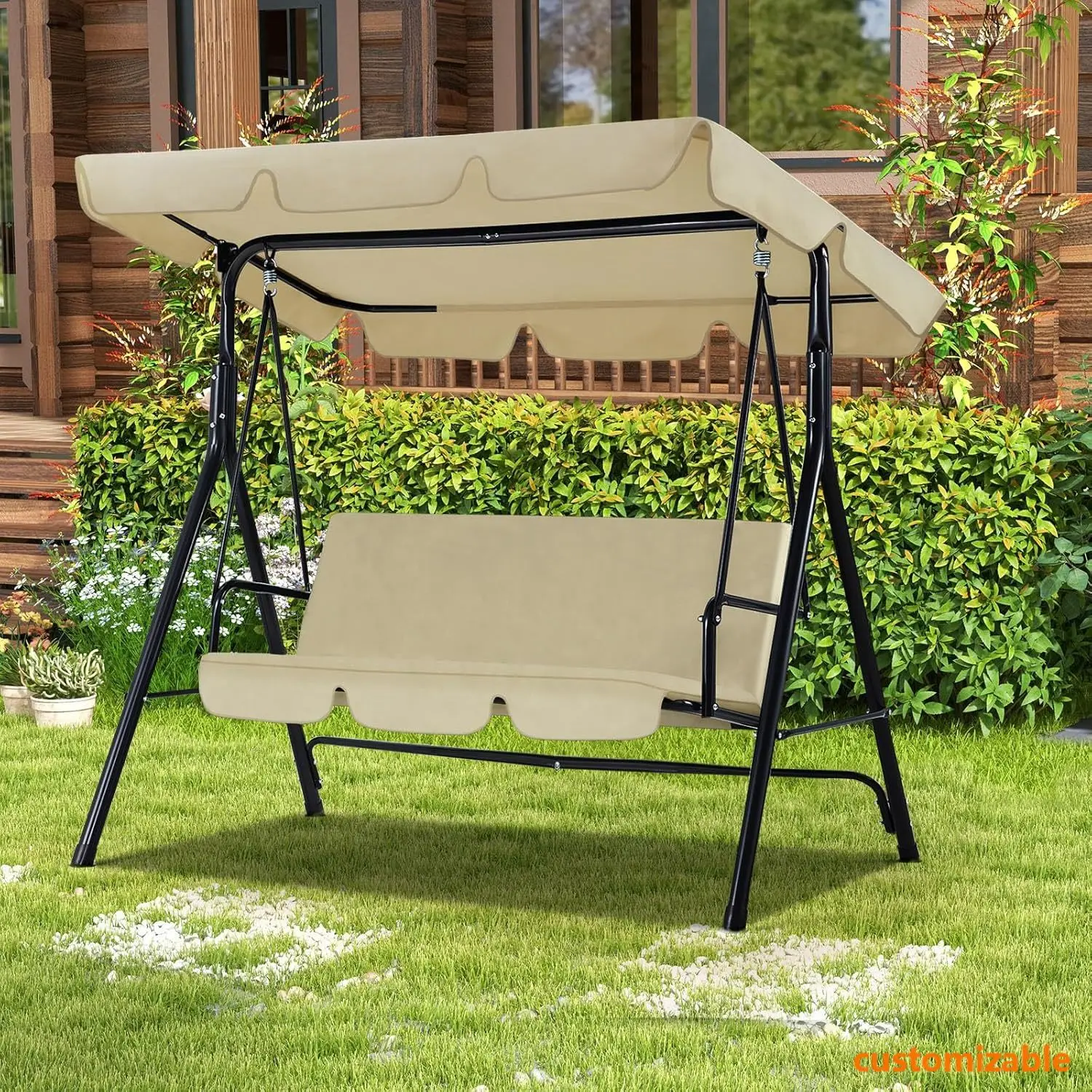 Columpios para patio al aire libre, columpios para patio planeadores de 3 asientos con cojín extraíble y dosel ajustable, banco para porche