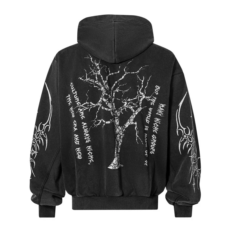 Dark High Street Zip-Up Hoodie for Men Embroidered Vintage Washed Loose Fit Gothic Coat Streetwear