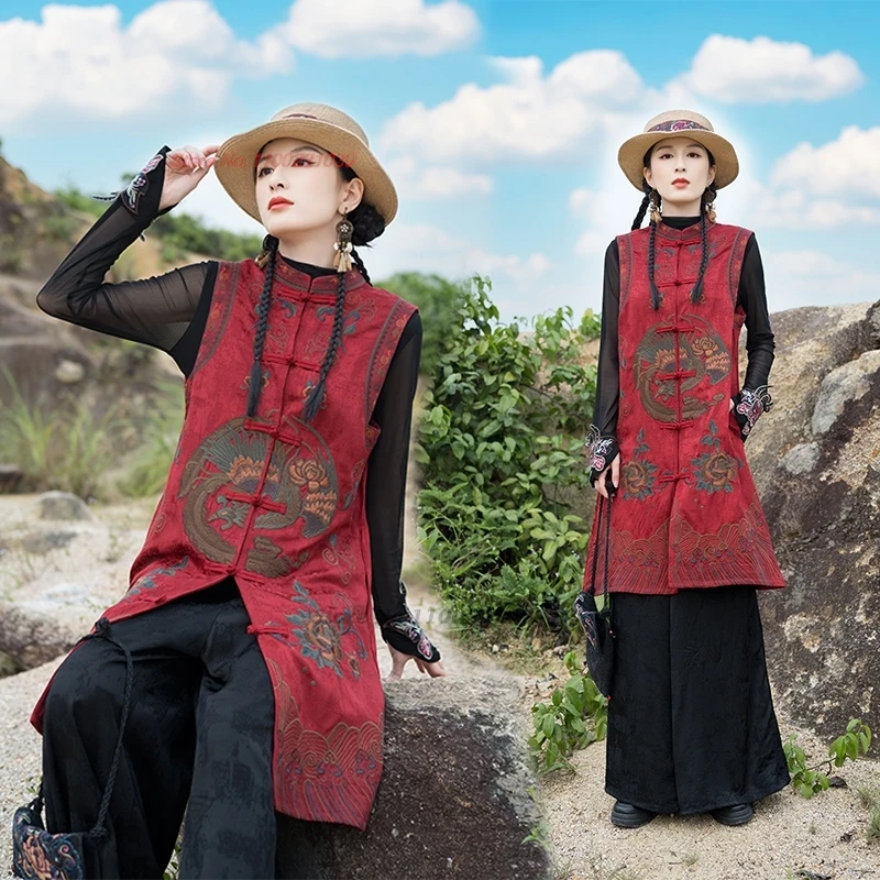 2025 الصينية خمر سترة التقليدية الوقوف طوق سترة الوطنية زهرة التطريز الجاكار سترة جاكيت بلا إكمام hanfu القمم #3