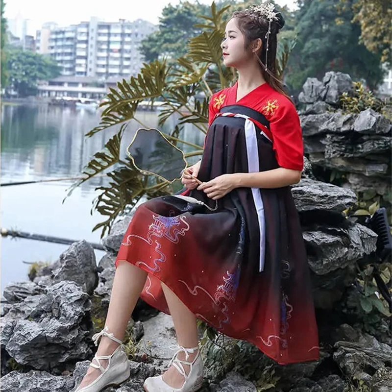 여성 오리지널 중국 스타일 Hanfu 하프 슬리브 동양 공주 댄스 무대 의상 스커트 탑스, 레트로 사진 파티웨어