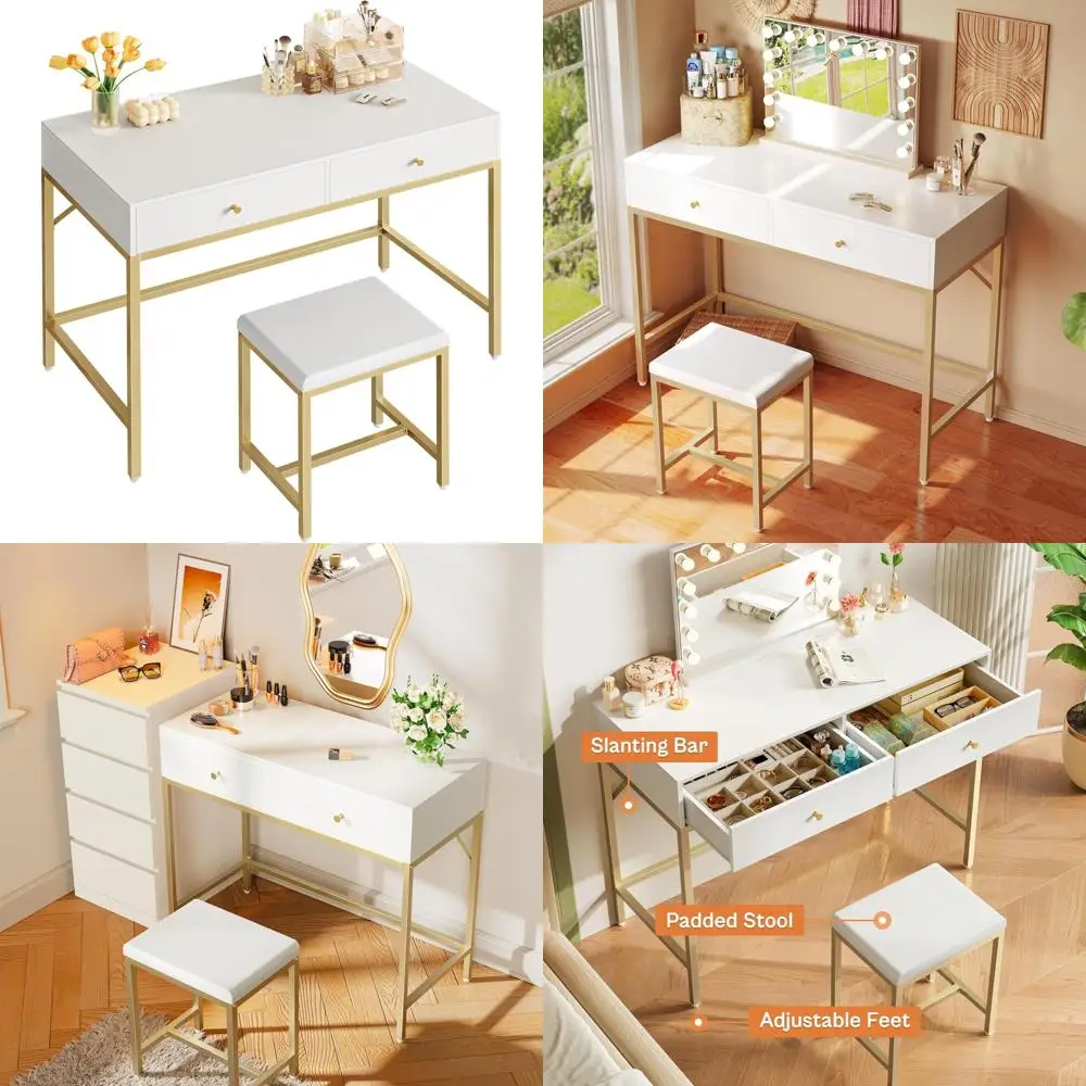

Modern White and Gold Makeup Vanity Desk with 2 Drawers and Padded Stool for Home Office