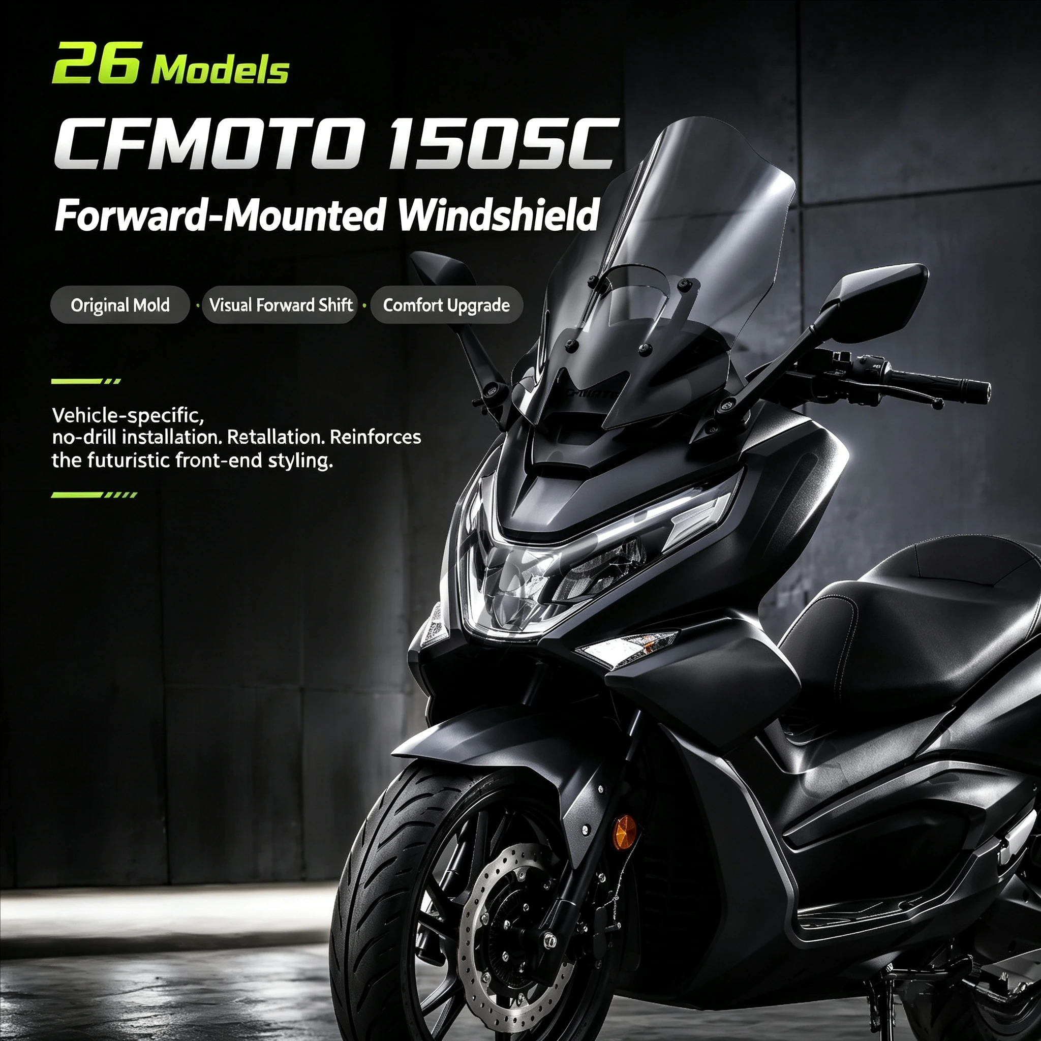 For 2026 CFMOTO 150SC Modified Heightened Adjustable Windscreen With Mirror Forward Mount Motorcycle Airflow Cover Accessories