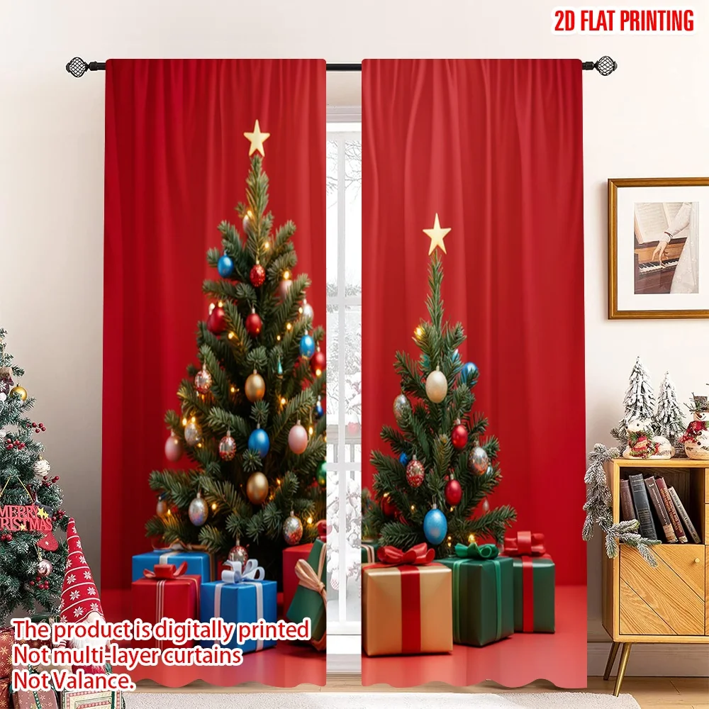 

2pcs 2D flat printing Merry Christmas Popular Drapes Christmas Tree Presents Festive Holiday 100% Polyester Without Electricity