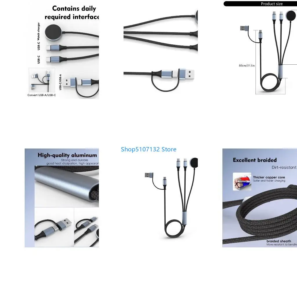 87HD 5 in 1 Multiple Fast Charging Cable PD100W USB to Type C Watch for Phone Pad SmartWatch