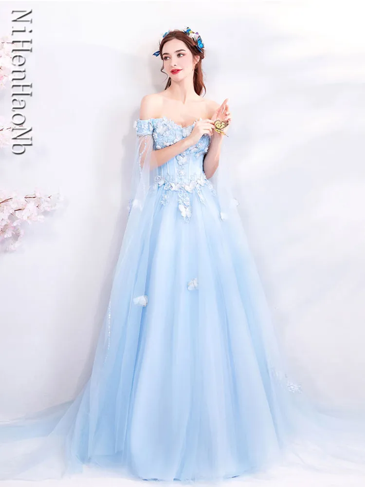 Blue Luxury Party Dress for Women Wedding Off Shoulder Bridal Evening Formal Quinceanera Dresses