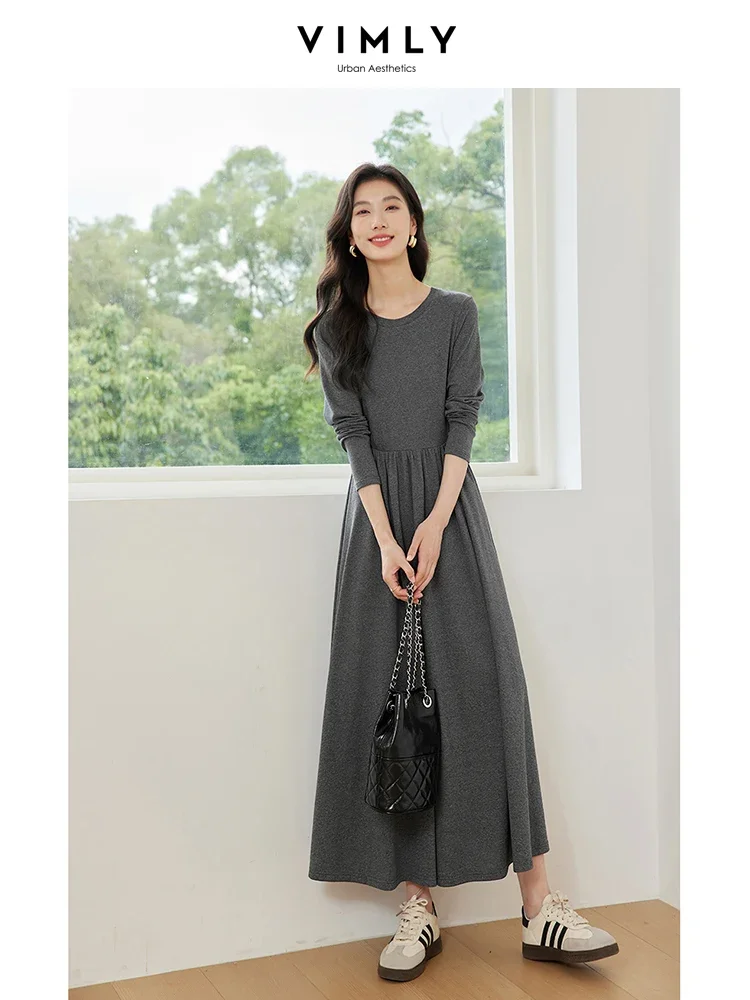 VIMLY Women\'s Casual Commuter Dress Autumn Female Solid Versatile o-Neck Knit Sweater Dress Elegant Knitwear Bottom Long Dress