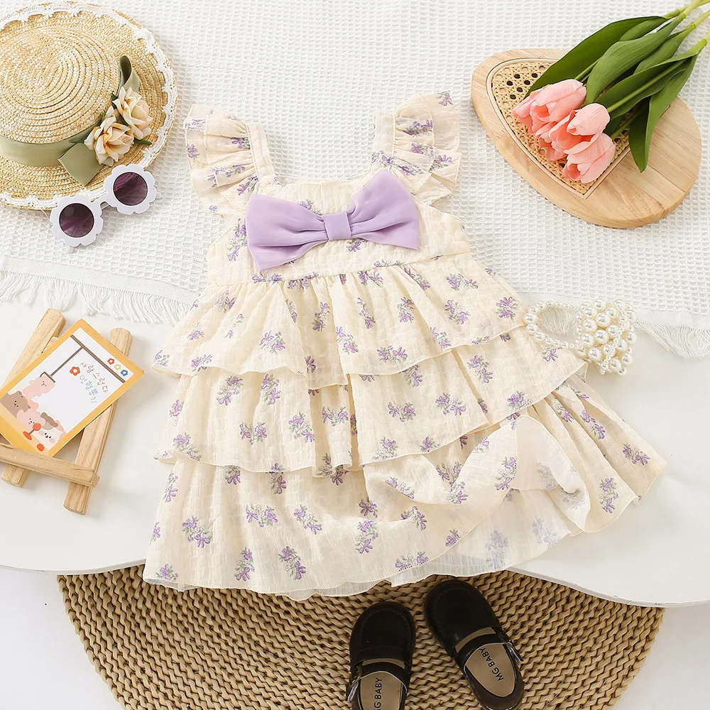 Summer Baby Girl Dress Cute Floral Small Flying Sleeve Princess Dress For Kids Girl Korean Version Bow Beach Thousand Layer Birt