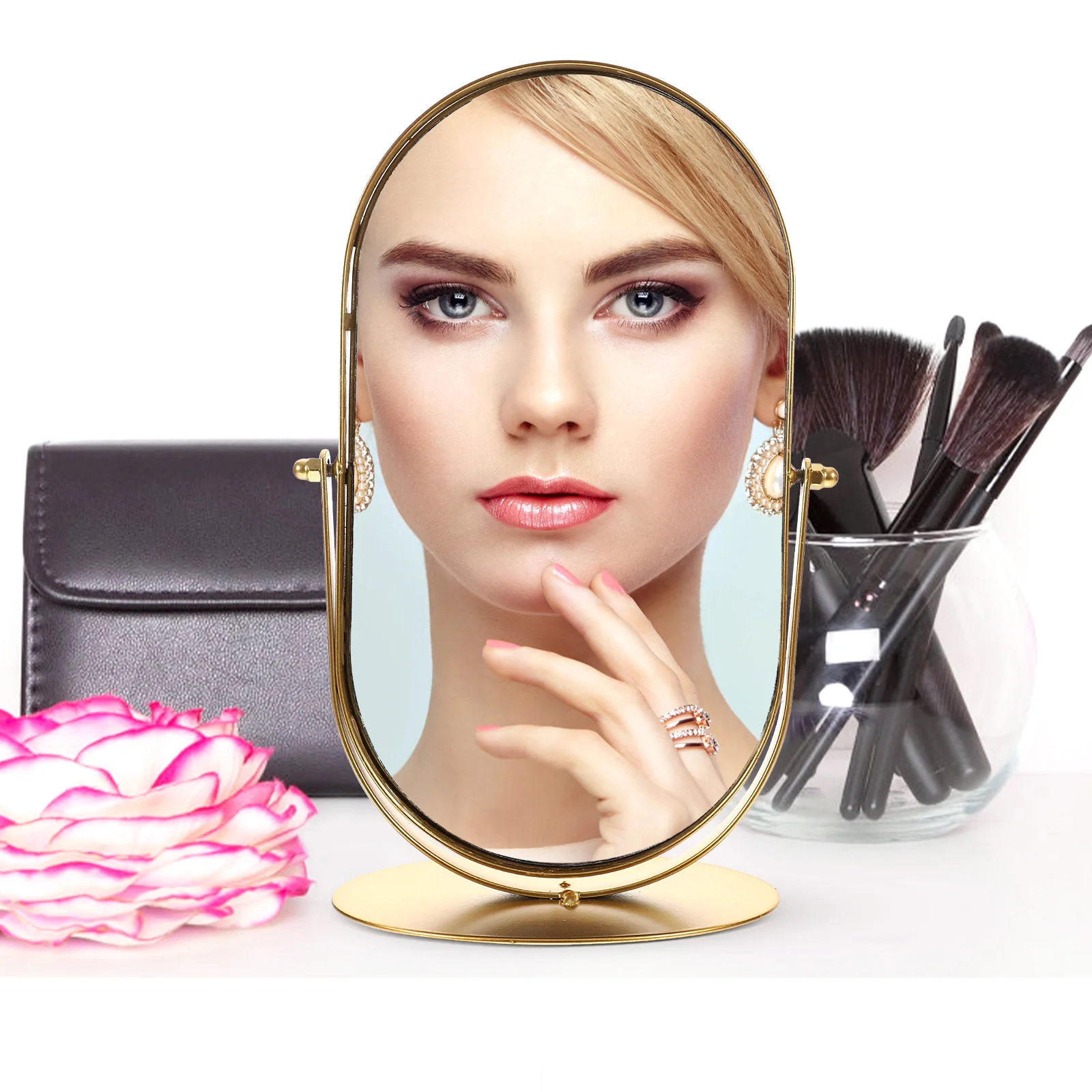 

Small Desktop Makeup Mirror Vintage Metal Vanity Desk Mirror for Dresser Bathroom Office Cubicle Aesthetic Decor